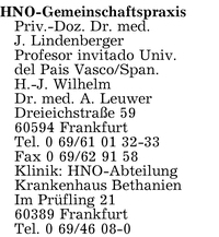 HNO-Gemeinschaftspraxis Priv.-Doz. Dr. med. J. Lindenberger u. Prof.Dr.med. H.-J. Wilhelm